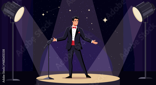 Elegant Performer in Tuxedo on Stage.