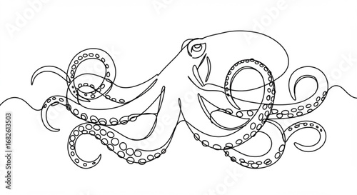 Elegant continuous line art depicts a dynamic octopus with flowing tentacles, perfect for modern marine themes