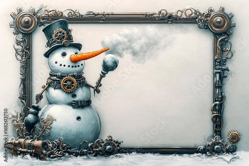 Steampunk inspired snowman made of ice gears smokes from a gear-themed frame during winter festivities