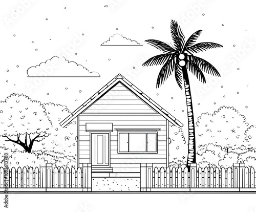 House with a coconut tree and garden coloring page
