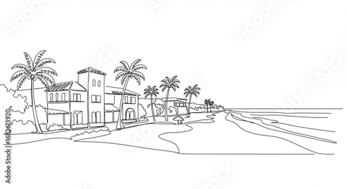 Serene coastal villas with palm trees and ocean waves create a peaceful resort getaway scene