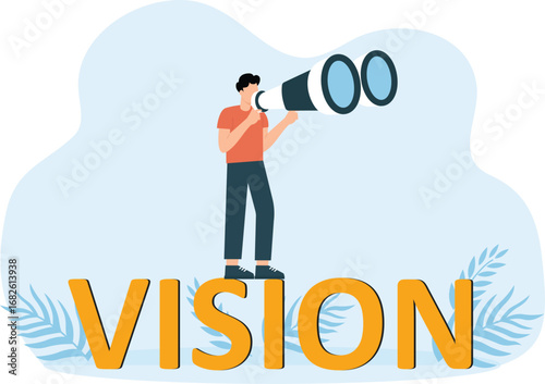 Businesswoman holding binoculars on text 3D, Vision of leadership and market and investment concept

