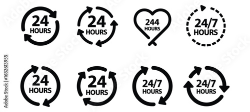 24 Hours and 24/7 Service Round and Heart Icons round the clock continuous