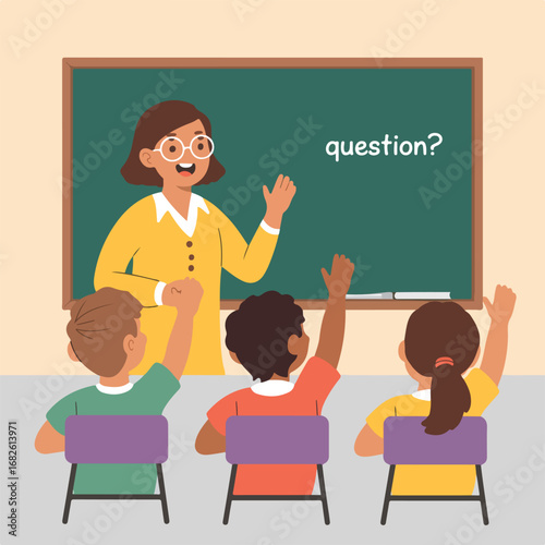 Teacher explaining the lesson to students in the classroom illustration