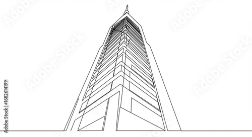 Modern skyscraper architectural design with minimalist line art aesthetic, urban concept