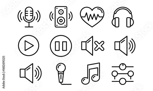 Audio Icons Including Microphone Speaker Heartbeat Headphones Play Pause Mute Volume Music Note and Controls