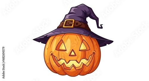Glowing Jack O Lantern with a Spooky Smile Wearing a Purple Witch Hat for Halloween