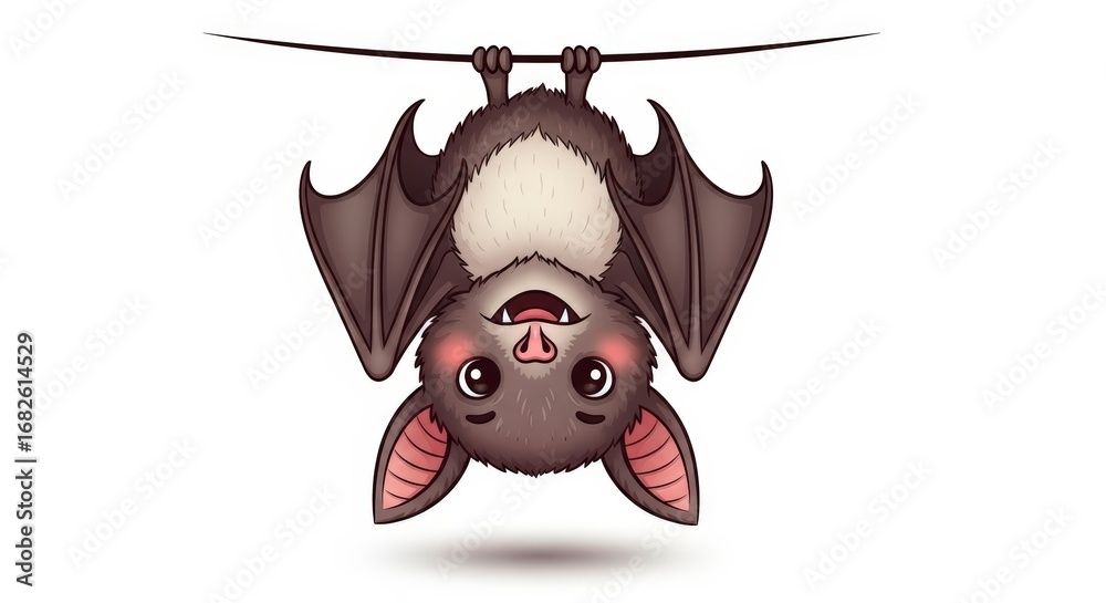 Obraz premium Cute Smiling Bat Hanging Upside Down Cartoon Illustration on White Background