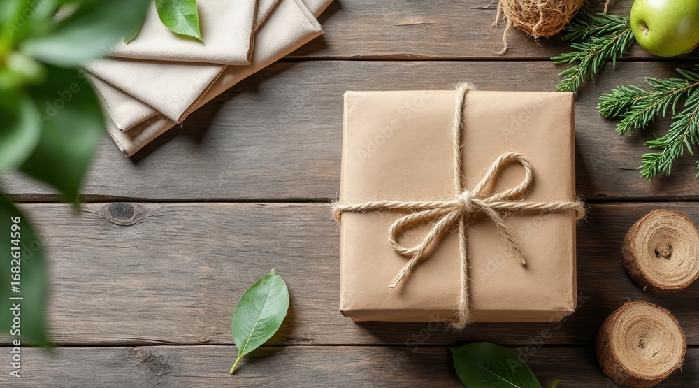 Fototapeta premium Rustic gift wrapped in kraft paper tied with twine on wooden surface
