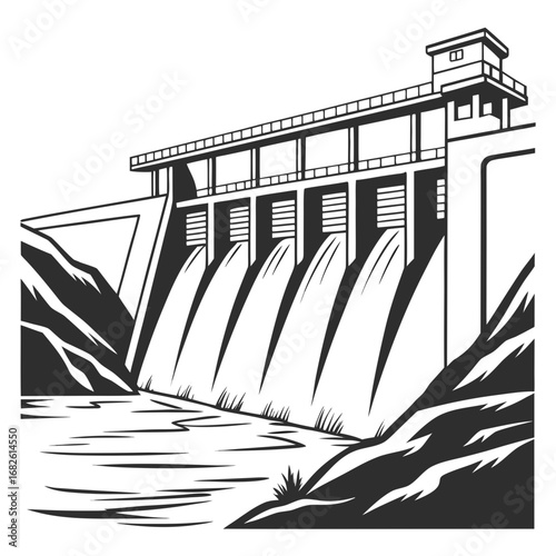 Monochrome Hydroelectric Dam Vector Art Silhouette
