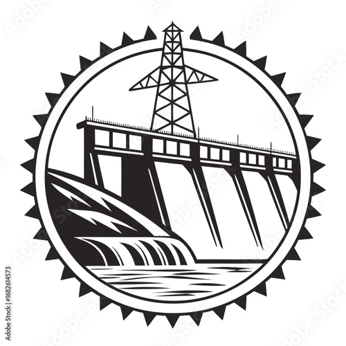 Hydroelectric Dam Silhouette with Power Lines Vector Art
