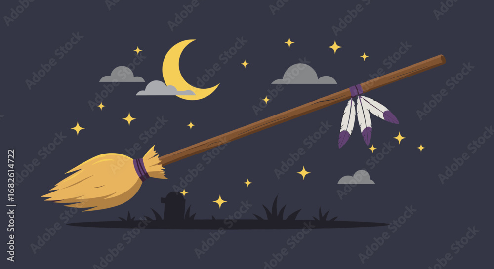 Fototapeta premium Witch Broomstick Flying Under Moonlight Vector Illustration