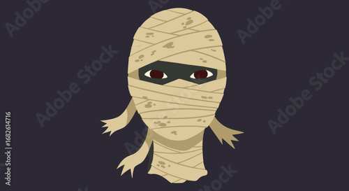 Creepy mummy head wrapped in old bandages with visible eyes peeking through. Dark spooky Halloween vector design.