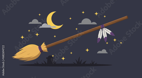 Witch Broomstick Flying Under Moonlight Vector Illustration
