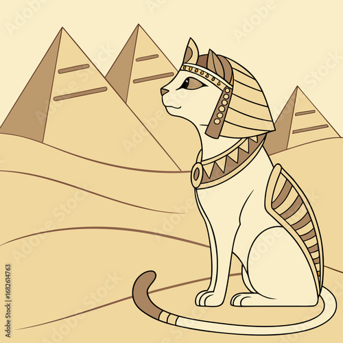 Egyptian Cat in Pharaoh Headdress with Pyramids