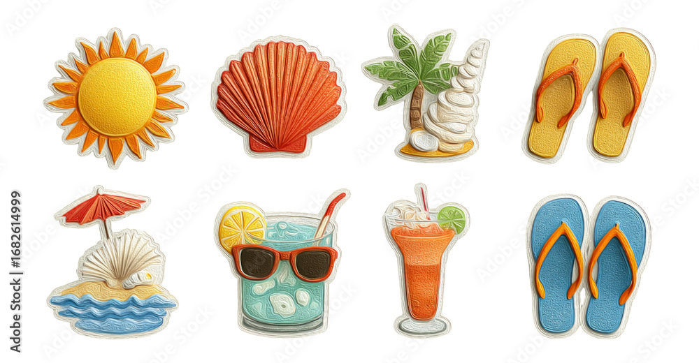 Obraz premium Bright Summer Icons Featuring Sun, Shell, Drinks, and Flip Flops