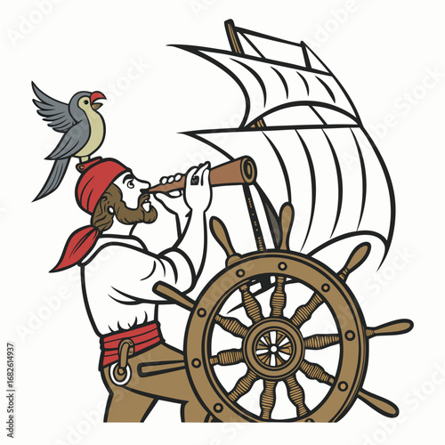 Pirate with Telescope Steering a Wooden Ship with a Bird