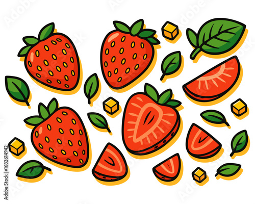 Strawberries, slices, leaves and sugar cubes pattern. Fresh juicy strawberry set design. Vibrant halved berry vector illustration. Summer theme food collection, strawberry smoothie ingredients