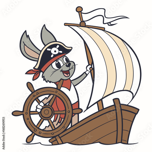 Cute Bunny Pirate Captain Sailing a Wooden Adventure Ship