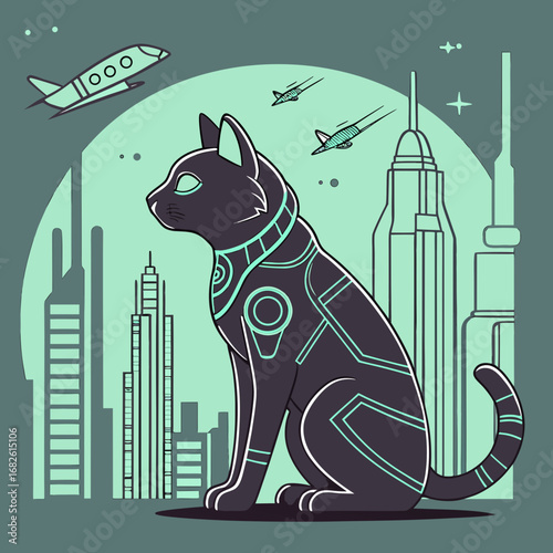 Futuristic vector illustration of a robotic cat sitting majestically before a sprawling science fiction city skyline with advanced spacecraft