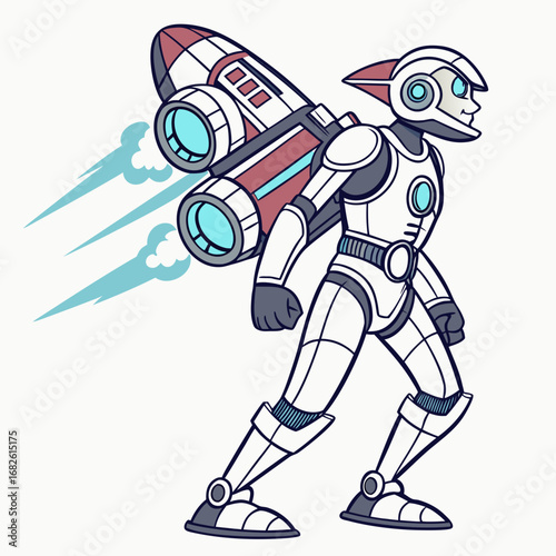 A futuristic rabbit robot character in powered armor taking off with a powerful jetpack, vector illustration