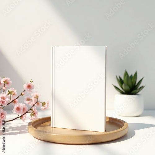 Notebook mockups a blank book on a wooden tray with pink blossoms and a potted plant in a bright studio setting
