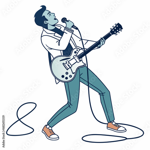 Dynamic vector illustration of a retro-style rockstar man singing into a microphone while playing the electric guitar