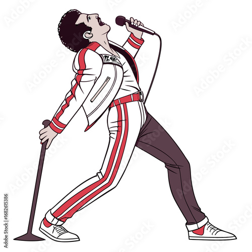 An energetic rockstar performer singing into a vintage microphone with dynamic pose and stylish outfit