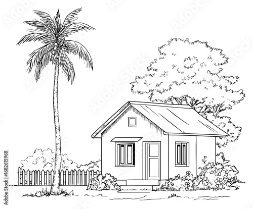 House with a coconut tree and garden coloring page