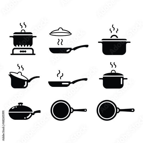 Collection of Cooking Pots and Pans with Steam Icons kitchen stove