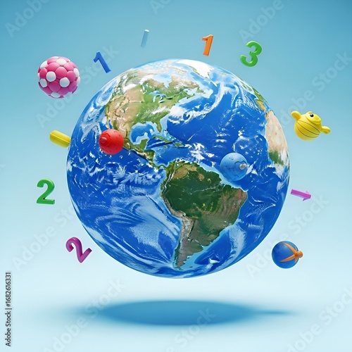A 3D illustration of the Earth with various floating objects and numbers, representing different global business or economic challenges.