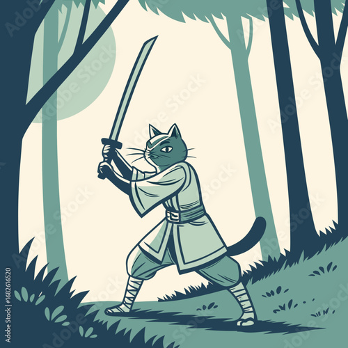 A battle-hardened anthropomorphic cat warrior in traditional clothing, holding a katana sword in a forest clearing. Vector illustration