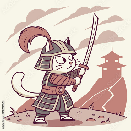 Spiritual warrior cat dressed in traditional samurai armor, holding a katana sword. Whimsical vector illustration of Japanese culture and bushido