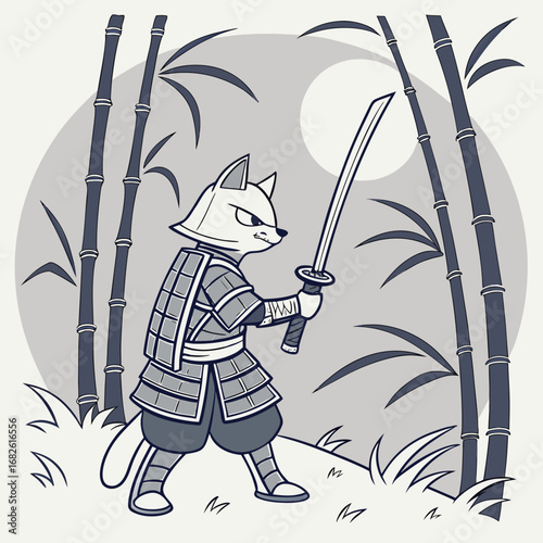 Brave feline samurai warrior in traditional armor holding a katana, preparing for a duel in a moonlit bamboo forest vector art