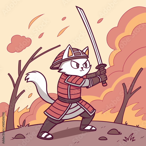Brave samurai cat warrior in traditional red armor holding a katana sword, standing on a fiery battlefield in a vector fantasy illustration