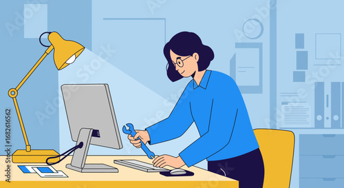 Woman Fixing Computer with Wrench in Office Setting.