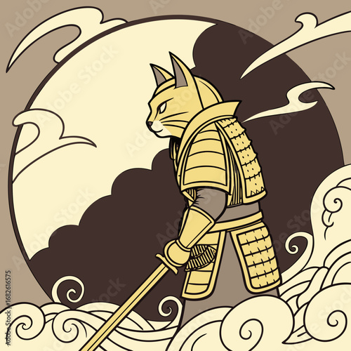 An anthropomorphic feline warrior dressed in golden samurai armor, standing proudly with a katana sword in a stylized Japanese vector illustration