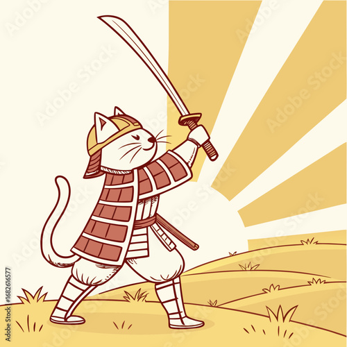 A heroic samurai cat warrior in traditional armor raises its katana sword against a rising sun background. A legendary feline fighter in a vector illustration