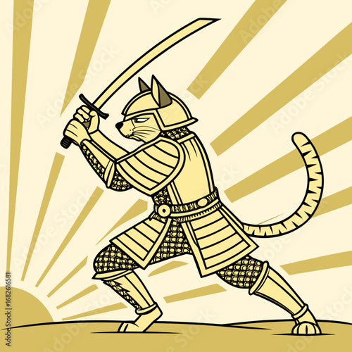 Noble samurai cat in full battle armor wielding a katana sword in a dynamic fighting stance. Vector art illustration