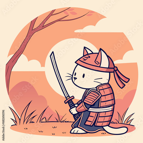Brave kitty samurai in traditional armor with a katana, standing under a tree at dusk. Japanese warrior character illustration