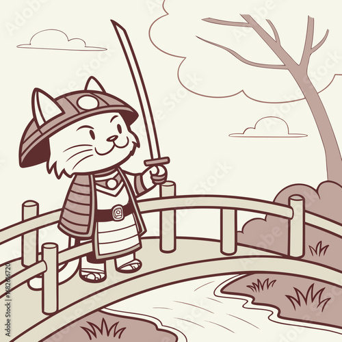 Cute samurai cat character in traditional armor holding a katana sword on a bridge, a vector illustration of a feline warrior