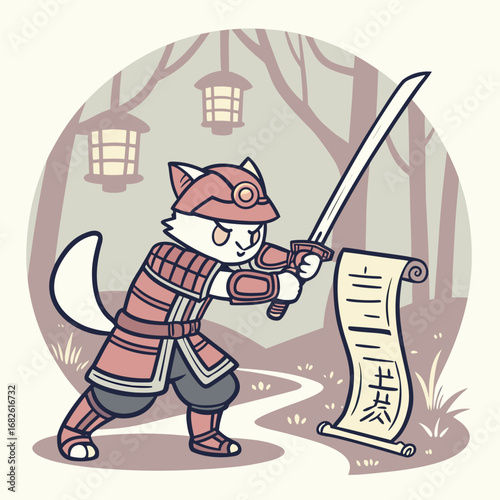 An adorable feline samurai warrior in traditional armor stands on a forest path, guarding a sacred scroll with a gleaming katana sword
