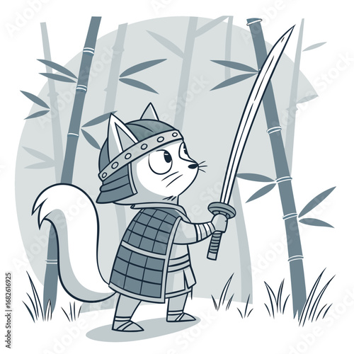Brave cartoon animal samurai warrior with a katana sword standing in a bamboo forest. A black and white vector illustration
