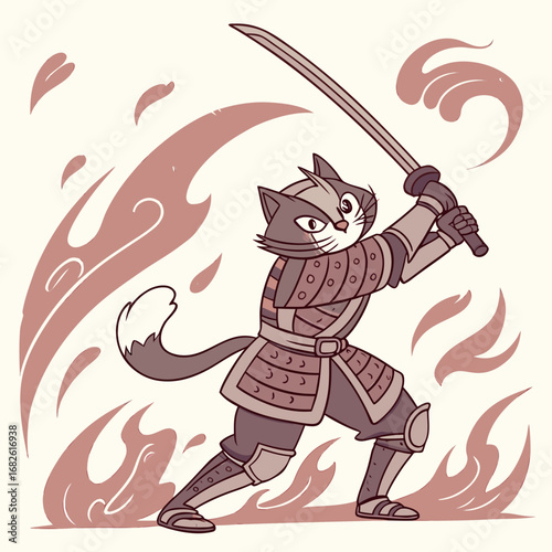 Fierce feline samurai warrior in traditional armor stands ready with a sword for battle. A cartoon vector illustration of a heroic cat fighter