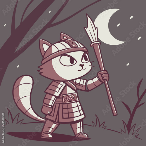 Brave samurai cat warrior in traditional armor holding a spear at night under a crescent moon, cute vector illustration