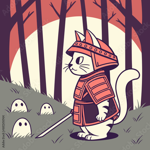 Brave cat samurai in traditional Japanese armor practicing sword discipline in a mystical forest with spirit companions, a whimsical vector art piece