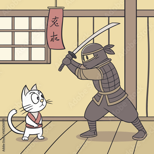 Cartoon illustration of a funny standoff between a fierce ninja shinobi and a calm white cat in a martial arts dojo