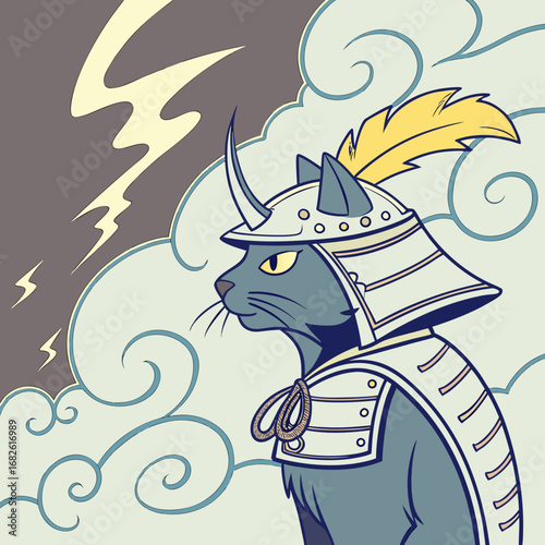 Illustration of a majestic samurai cat in full battle armor and helmet, a stoic warrior posing before a stormy sky