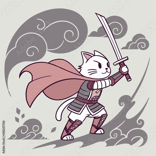 A heroic samurai cat warrior with a flowing cape and sword stands ready for adventure in this fantasy vector illustration