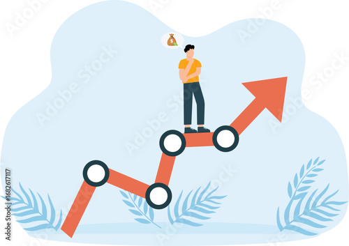 Businessman lies on growth graph and dreams about pile of money concept,
